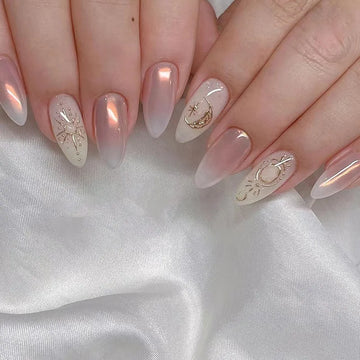 24pcs Flower Lines Gradient Long Almond Press on Nails