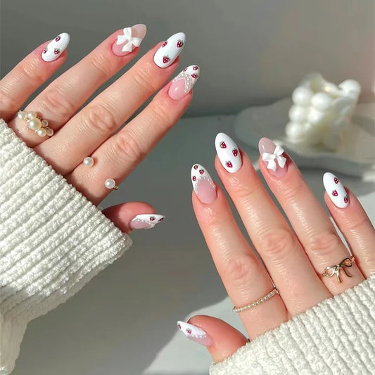 24pcs Bow Pearl Design False Nails French Cherry Stick on Nail Tips Simple Long Almond Fake Nail Art Reusable Press on Nails Set