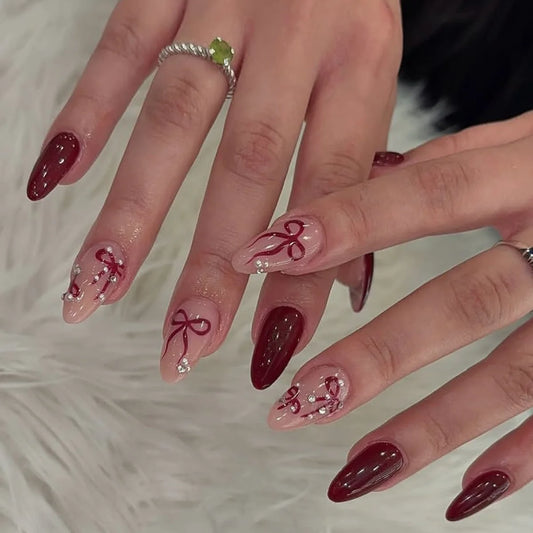 24pcs Simple Gradient Press on Nails Starlight Bow Design False Nail White Tips Long Almond Fake Nails Pearl Rhinestone Manicure