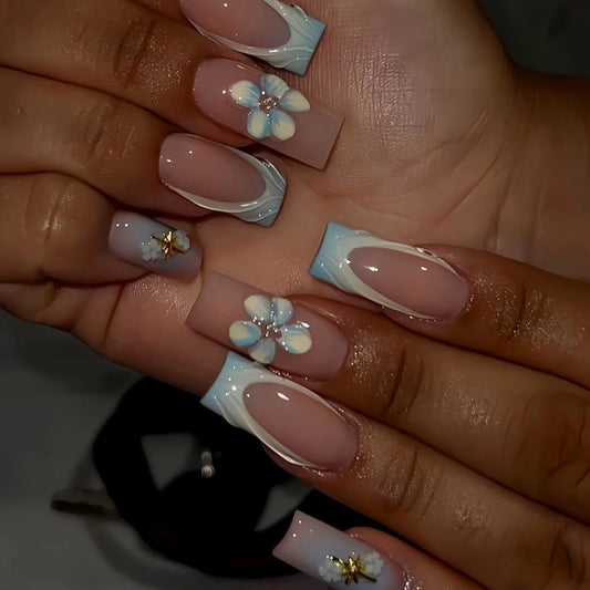 Art Flower Mid-length Stick on Fake Nails Set