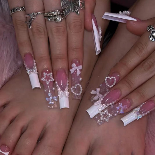 Love Pearl Bow Design Long Square False Nail