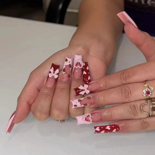 French Long Ballet False Nail Art with Strawberry Pearl