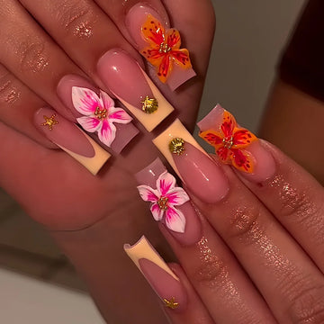 24pcs Long Square Seashell Flower Design Nails