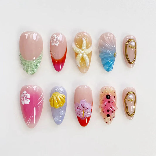 24pcs Flower Lines Gradient Long Almond Press on Nails